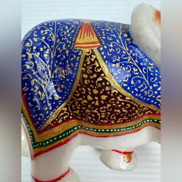 VTG White Marble Trunk Up Stone Hand Painted Elephant StatueHome Decor Gift